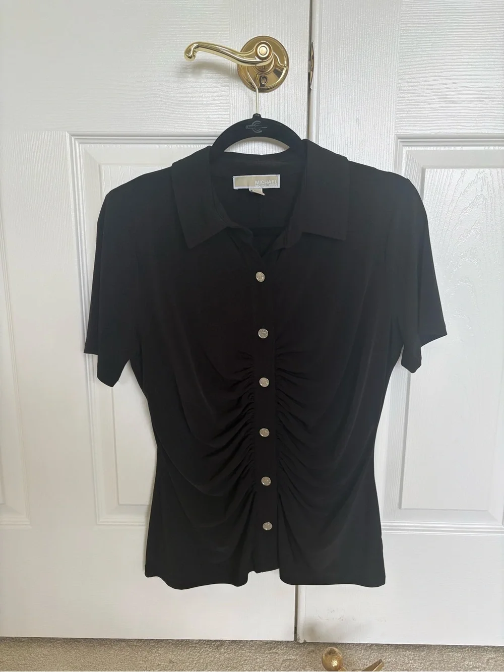 Michael Kors Black Ruched Button-Front Collared Short Sleeve Shirt